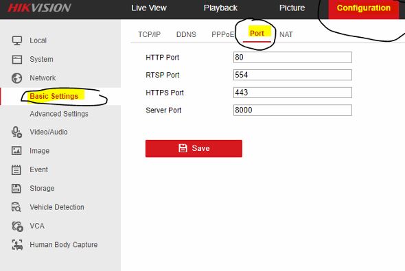 Port settings of a hikvison device