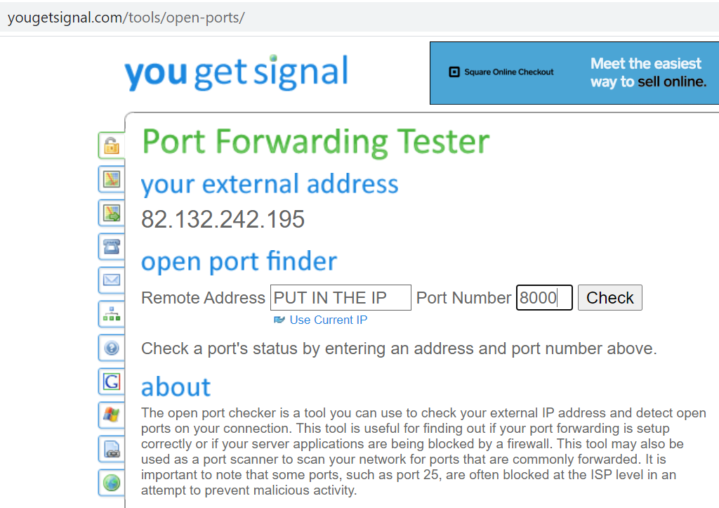 A tool showing if a port is open against an external IP address